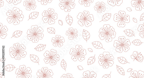 Seamless pattern of delicate hand-drawn cherry blossom flowers and leaves in light pink outline on a white background, perfect for spring designs.