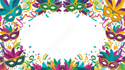 Vibrant mardi gras mask border with colorful feathers and confetti for festive celebrations and parties