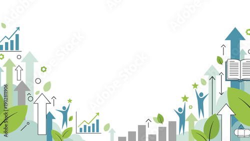 Business growth and success concept with people and green leaves on arrows and graphs