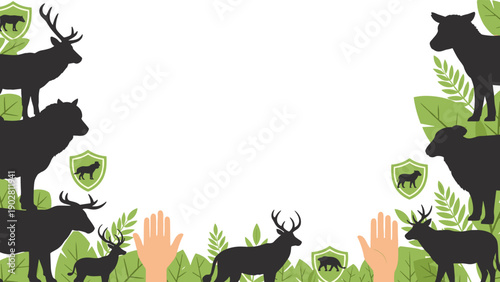 Silhouettes of deer and forest elements with green shields on for nature and wildlife conservation concepts