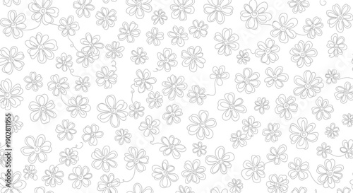 A delicate and minimalist seamless pattern featuring numerous small, outlined white flowers scattered across a pure white background, with some connected by subtle wavy lines.