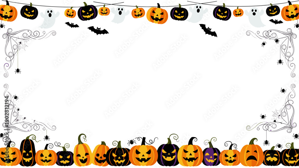 Obraz premium Halloween themed border with jackolanterns and decorations on for party invitations or festive designs