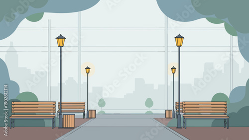 Illustration of a serene city park with benches and street lamps on a walkway