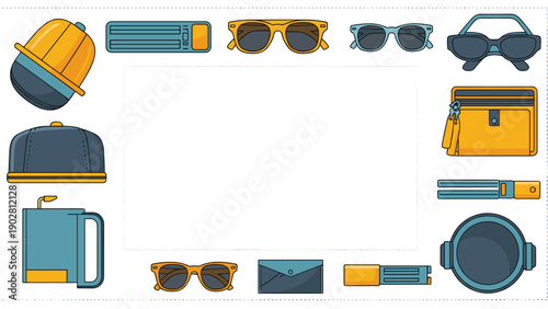 Collection of various travel accessories and gear in blue and yellow colors