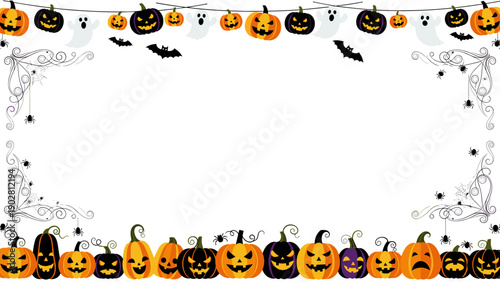 Halloween themed border with jackolanterns and decorations on for party invitations or festive designs