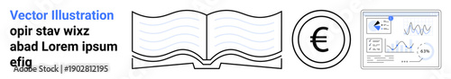 Business analysis, financial management, data visualization, education resources, currency concepts, digital reporting. Euro symbol, open book analytical dashboard. Financial management and business