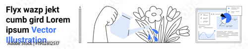 Sustainability, eco-friendly practices, data analysis, growth tracking, environmental conservation, agriculture. A hand pouring water on flowers beside a data chart. Sustainability and eco-friendly