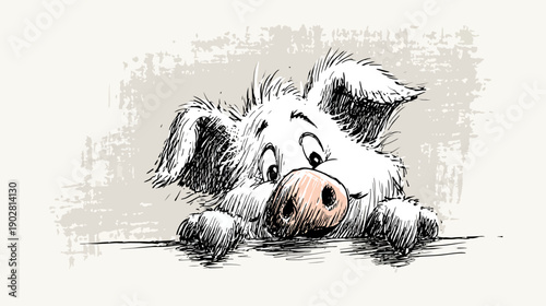 Curious little pig peeking over the edge, hand-drawn sketch style cartoon illustration with textured background