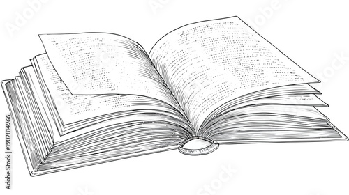 Hand-drawn sketch of an open book with turning pages. Vintage illustration symbolizing knowledge, education, reading, and literature.