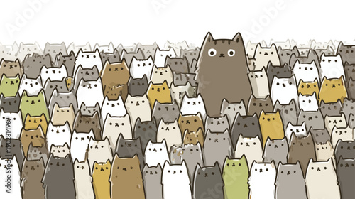 Cute cartoon cats crowd with one unique cat standing out, funny adorable animal group illustration, individuality concept