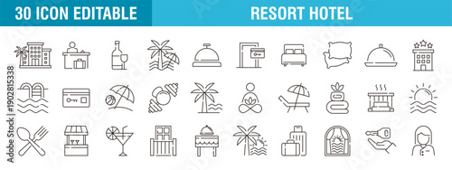 Collection of resort hotel icons. Recreation, vacation, wellness, tourism. Icon template editable resizable EPS 10