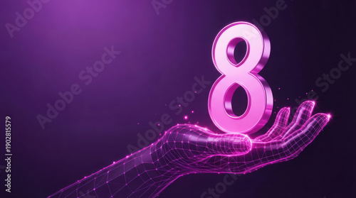 Woman Day A stylized digital hand gently cradles the number 8, with a soft, ethereal glow against a dark, abstract background