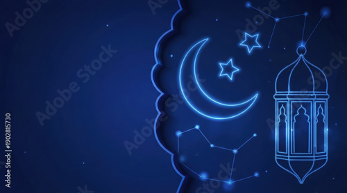 Celestial Ramadan and Eid Celebration with Islamic Lanterns and Star Constellations on a Dark Blue Background