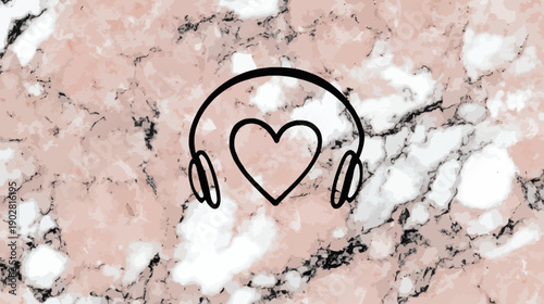 Minimalist Headphones with Heart Icon on Elegant Pink Rose Gold Marble Background. Love for Music, Podcast, Audio Concept.