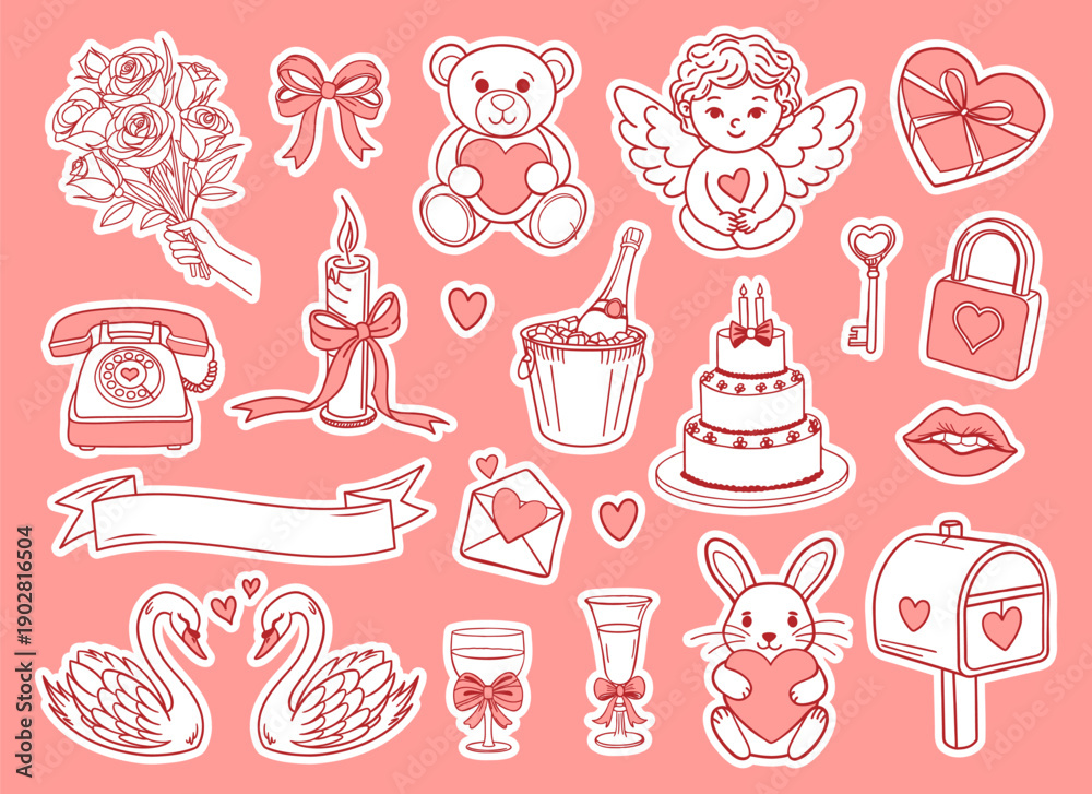 Naklejka premium Valentines day doodle stickers set. Romantic love elements collection.