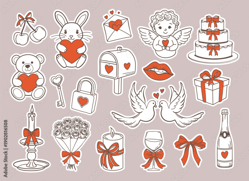 Fototapeta premium Valentines day doodle stickers set. Romantic hand drawn love elements collection.