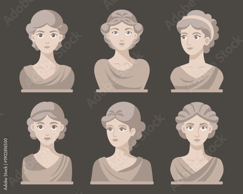 Collection of cute classical greek or roman female Busts. Modern stylized set of ancient sculptures.