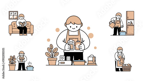 Man preparing food and doing household chores in a charming illustration style.