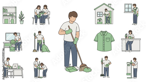 Man Sweeping Floor with Broom and Dustpan Cleaning House.