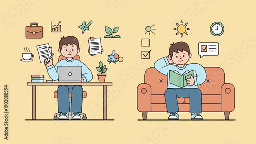 Man working at desk and relaxing on sofa with book.