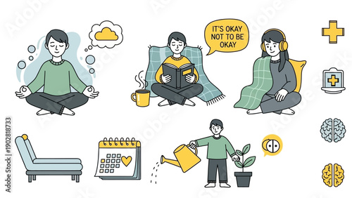 Mental Health and Self Care Concepts Illustrated.