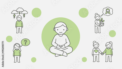 Mindfulness and emotional well-being represented by a meditating figure surrounded by various emotional states.