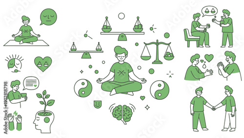 Mindfulness and Mental Well-being Concepts Illustrated.