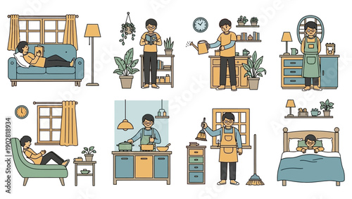 People engaged in various daily activities at home.