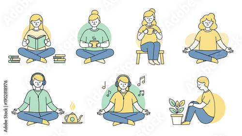 People engaging in various relaxing and mindful activities, promoting well-being and peace.