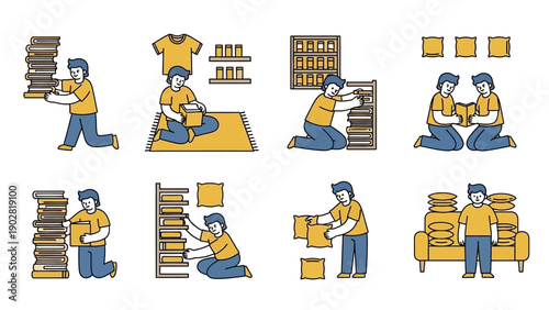 People organizing and stacking items in a warehouse setting.