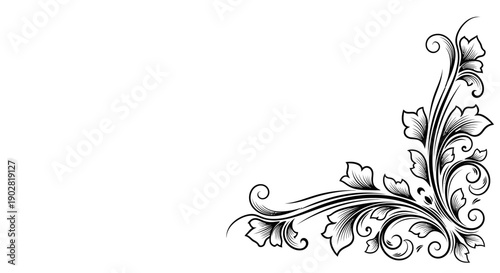 Stylish Black and White Corner Ornament Featuring a Prominent Leaf Design with Elegant Swirls on an Isolated White Background