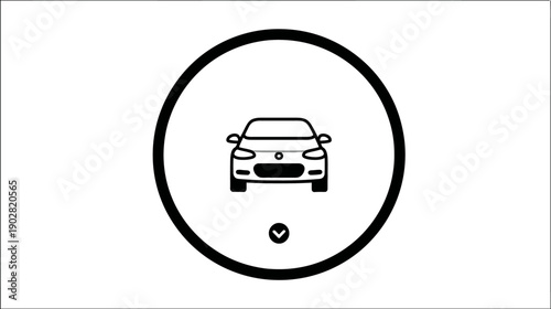 Minimalist front view car icon in a black circle with a down arrow, simple vector graphic for automotive app UI/UX design.