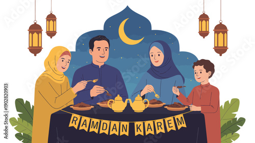A festive flat cartoon style illustration of a Muslim family enjoying their Iftar meal, celebrating Ramadan with lanterns, a crescent moon, and joyful cultural traditions