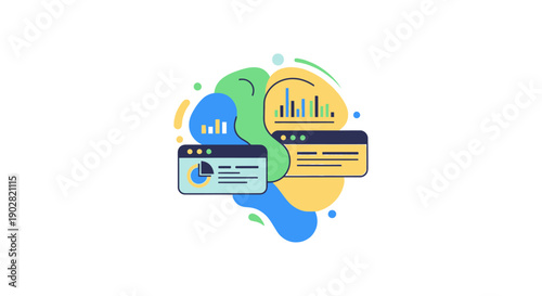 Colorful abstract graphic elements with charts and graphs.