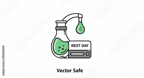 Simple line art illustration of a laboratory flask with a label rest day and a dropper.
