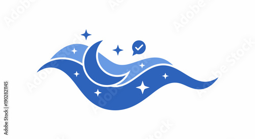 Stylized blue crescent moon with stars and wavy lines.
