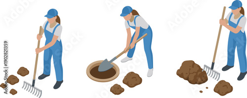 Female gardener soil work illustration set showing raking digging holes and preparing ground for planting outdoor gardening vector