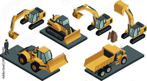 Isometric heavy construction machinery illustration set featuring excavators bulldozers loaders and dump trucks industrial equipment vector collection