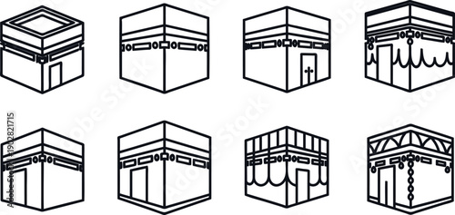 Set of various isometric Kaaba cube shaped religious architecture designs and patterns  illustrations