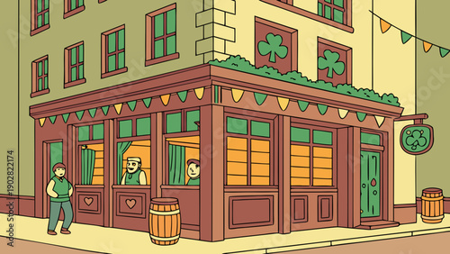 Vector illustration of an old town street in Europe featuring ancient brick architecture with red houses, stone facades, and windows with classic shutters along an urban city exterior