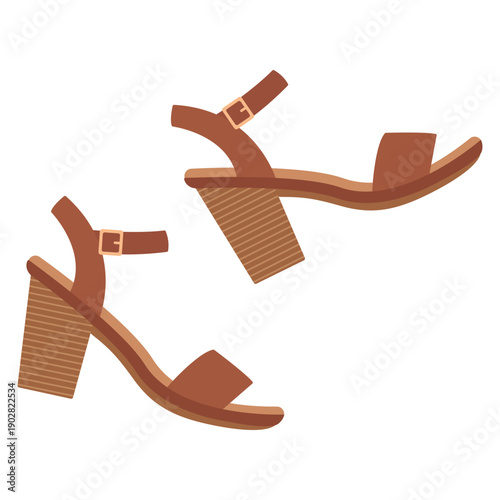 Brown heeled sandals. Summer clothing design. Flat-style vector illustration isolated on a white background
