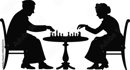 Senior couple playing chess silhouette illustration, elderly man and woman board game scene, strategy and thinking concept, black vector art
