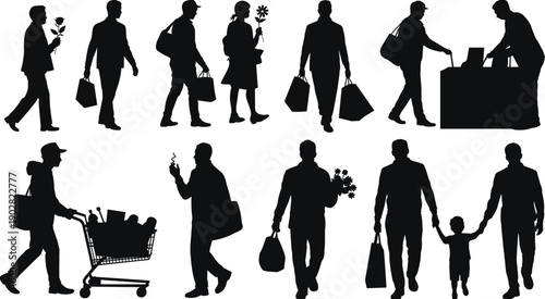 Shopping people silhouette collection, men women and family walking with bags flowers and carts, retail lifestyle concept, black vector illustration isolated on white background