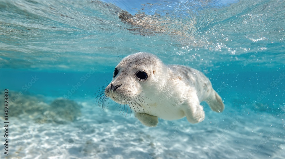 Obraz premium Playful Seal Swimming Under Crystal Clear Water in a Vibrant Marine Environment