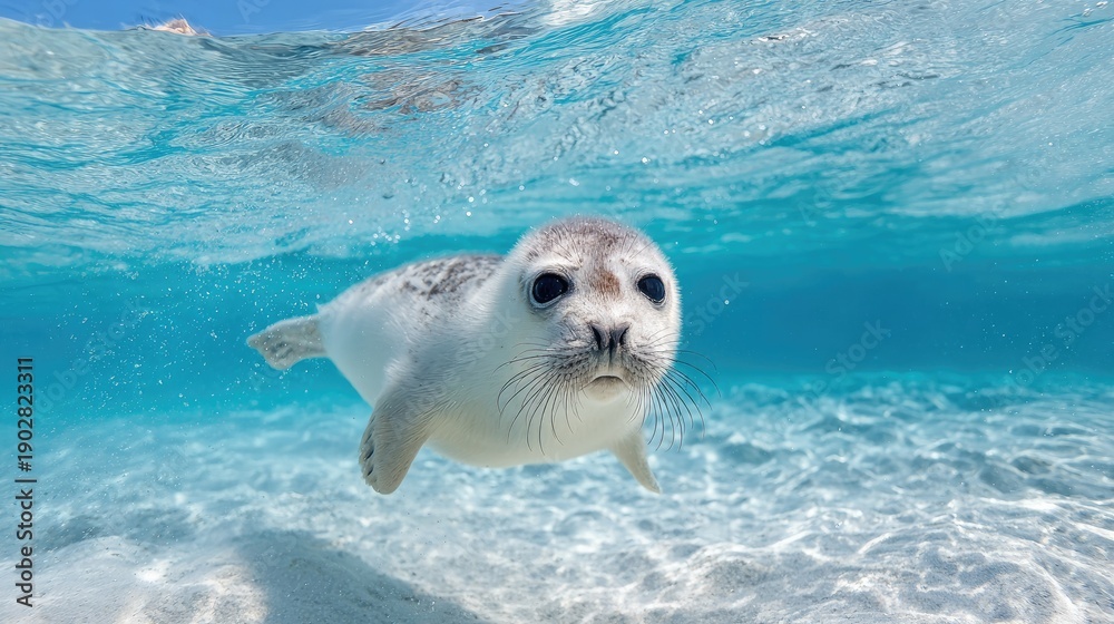 Obraz premium Curious Seal Swimming Underwater in Crystal Clear Ocean with Sandy Bottom and Bright Blue Waves