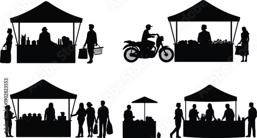 Street market silhouettes collection, vendors and shoppers at outdoor stalls, urban local marketplace scenes, traditional retail activity, minimalist black vector illustration isolated on white 