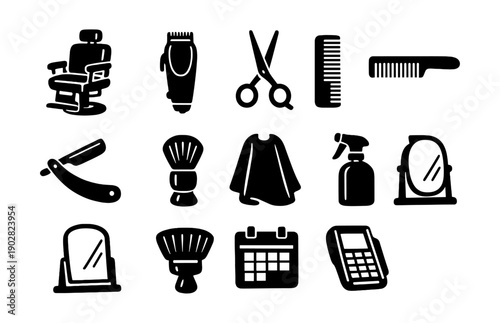 Black silhouette icons of barber tools and accessories