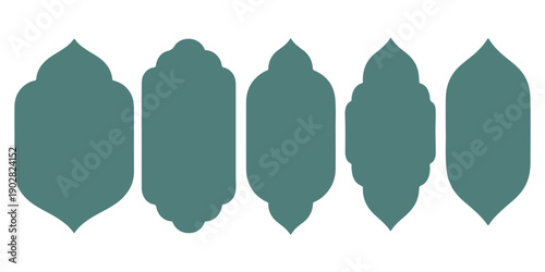 Old mosque windows shape in oriental style. Islamic door set, flat arabic frames or arabian arches silhouette. Muslim architecture geometric design elements, moroccan minimal arcs. Ramadan kareem gate