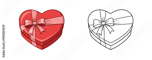 Red heart shaped gift box with pink ribbon bow and black outline version in cartoon style representing chocolate packaging and valentines day on a white background