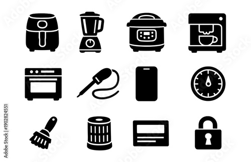 Kitchen and cleaning appliance icons set with lock symbol